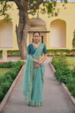 Light Cyan Pure Organza Embroidery Handwork, C-Pallu Saree with Dark Cyan Silk Blouse - 6906