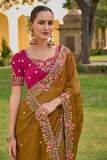 Mustard Pure Organza Embroidery Handwork, C-Pallu Saree with Pink Silk Blouse - 6907
