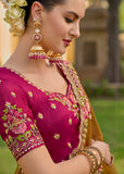 Mustard Pure Organza Embroidery Handwork, C-Pallu Saree with Pink Silk Blouse - 6907