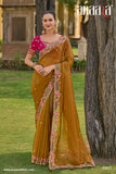 Mustard Pure Organza Embroidery Handwork, C-Pallu Saree with Pink Silk Blouse - 6907