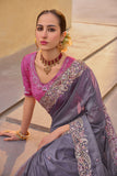Dusty Grey Pure Organza Embroidery Handwork, C-Pallu Saree with Pink Silk Blouse - 6909