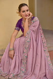 Baby Pink Pure Organza Embroidery Handwork, C-Pallu Saree with Purple Silk Blouse - 6910