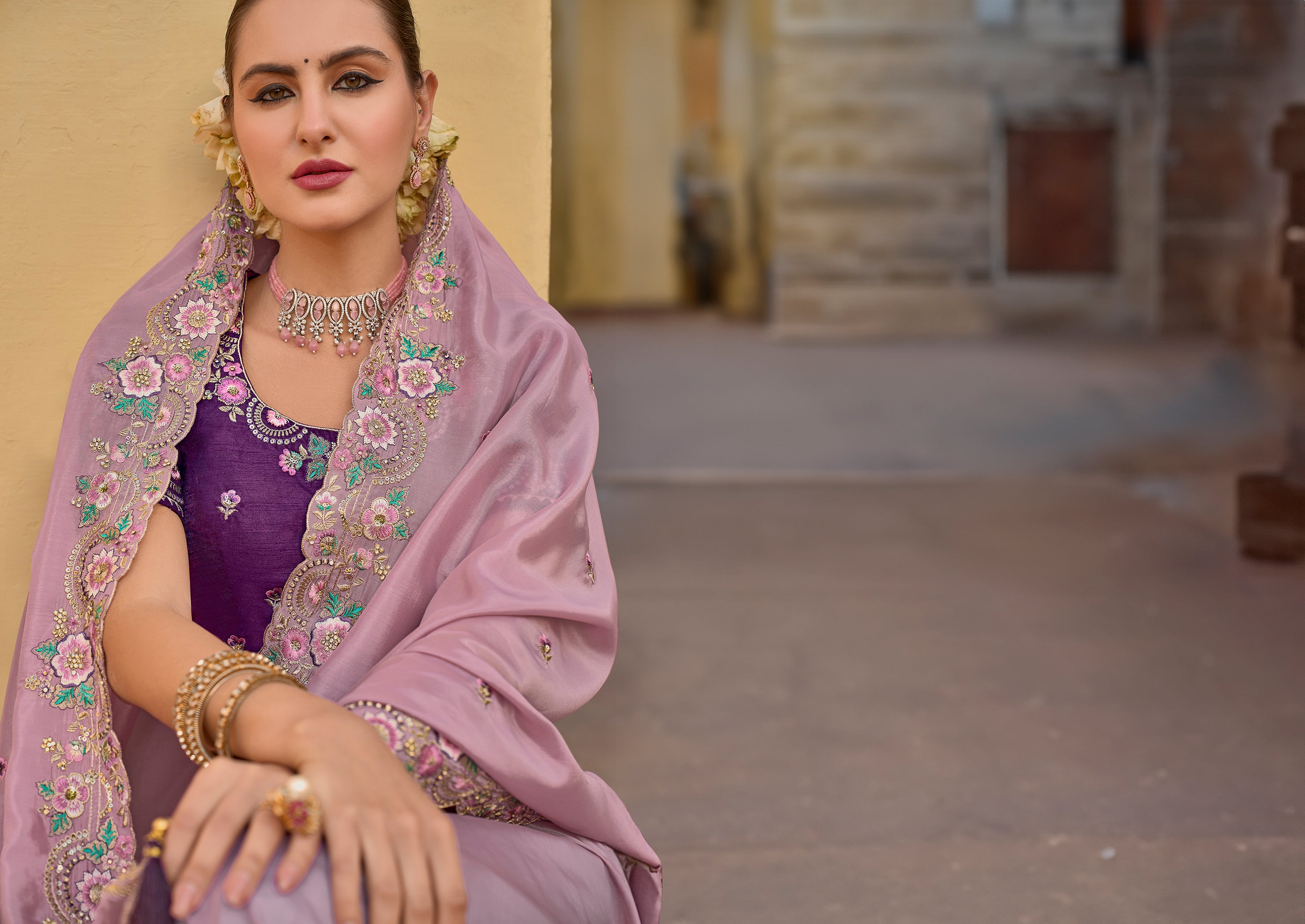 Baby Pink Pure Organza Embroidery Handwork, C-Pallu Saree with