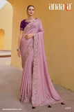 Baby Pink Pure Organza Embroidery Handwork, C-Pallu Saree with Purple Silk Blouse - 6910