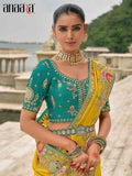 Yellow Pure Viscose Embroidered HandWork C-Pallu Saree with Green Silk Blouse - 7202