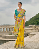 Yellow Pure Viscose Embroidered HandWork C-Pallu Saree with Green Silk Blouse - 7202
