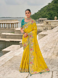 Yellow Pure Viscose Embroidered HandWork C-Pallu Saree with Green Silk Blouse - 7202