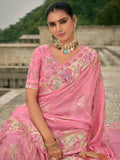 Pink Pure Viscose Embroidered HandWork C-Pallu Saree with Pink Silk Blouse - 7203