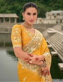 Yellow Pure Viscose Embroidered HandWork C-Pallu Saree with Yellow Silk Blouse - 7204