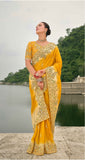 Yellow Pure Viscose Embroidered HandWork C-Pallu Saree with Yellow Silk Blouse - 7204