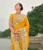 Yellow Pure Viscose Embroidered HandWork C-Pallu Saree with Yellow Silk Blouse - 7204