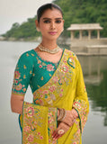 Yellow Green Pure Viscose Embroidered HandWork C-Pallu Saree with Green Silk Blouse - 7208