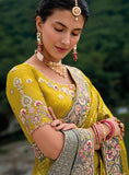 Traditional Mehendi Grey Shaded Pure Dola Viscouse Silk Saree with Embroidery, Patchwork, Cut, and Gota Patti Detailing - 7301