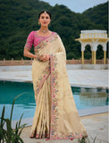Traditional Off White Cream Pure Dola Viscose Saree with C-Pallu Embroidery, Patchwork, Cut Work Detailing - 7302