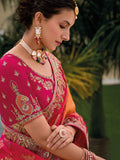 Traditional Pink Oranage Pure Dola Viscose Saree with C-Pallu Embroidery, Patchwork, Cut Work Detailing - 7304