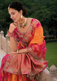 Traditional Pink Oranage Pure Dola Viscose Saree with C-Pallu Embroidery, Patchwork, Cut Work Detailing - 7304