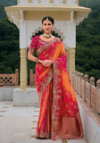Traditional Pink Oranage Pure Dola Viscose Saree with C-Pallu Embroidery, Patchwork, Cut Work Detailing - 7304