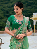 Traditional Green Pure Dola Viscose Saree with C-Pallu Embroidery, Patchwork, Cut Work Detailing - 7306