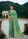 Traditional Green Pure Dola Viscose Saree with C-Pallu Embroidery, Patchwork, Cut Work Detailing - 7306