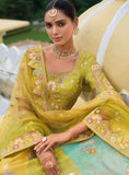 Shaded Multi Color Yellow Beautiful Traditional Designer Elegant Embroidery Work Cut Work Silk Lehenga - 7402