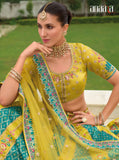 Beautiful Traditional Designer Elegant Teal Yellow Embroidery Work Cut Work Zari Kanjivaram With Bandej Lehenga - 7408