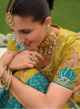 Beautiful Traditional Designer Elegant Teal Yellow Embroidery Work Cut Work Zari Kanjivaram With Bandej Lehenga - 7408