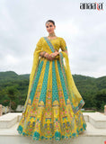 Beautiful Traditional Designer Elegant Teal Yellow Embroidery Work Cut Work Zari Kanjivaram With Bandej Lehenga - 7408