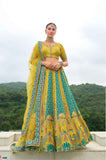 Beautiful Traditional Designer Elegant Teal Yellow Embroidery Work Cut Work Zari Kanjivaram With Bandej Lehenga - 7408