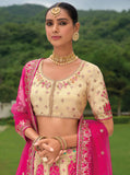 Beautiful Traditional Designer Elegant Cream Embroidery Work Cut Work Zari Kanjivaram With Bandej Lehenga - 7409