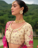 Beautiful Traditional Designer Elegant Cream Embroidery Work Cut Work Zari Kanjivaram With Bandej Lehenga - 7409