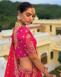Beautiful Traditional Designer Elegant Pink Embroidery Work Cut Work Silk Lehenga - 7411