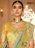 Pastel Green & Mustard Yellow Ziraf Silk Traditional Saree with Embroidery & Handwork - 7801