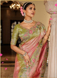 Pink Pastel Green Ziraf Silk Traditional Saree with Embroidery & Handwork - 7802