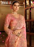Peach, Coral Orange & Pink Tissue Satin Traditional Saree with Embroidery & Handwork - 7803