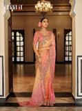 Peach, Coral Orange & Pink Tissue Satin Traditional Saree with Embroidery & Handwork - 7803