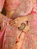 Peach, Coral Orange & Pink Tissue Satin Traditional Saree with Embroidery & Handwork - 7803