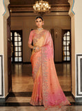 Peach, Coral Orange & Pink Tissue Satin Traditional Saree with Embroidery & Handwork - 7803