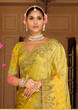 Mustard Yellow & Pastel Green Tissue Satin Traditional Saree with Embroidery & Handwork - 7804