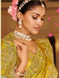 Mustard Yellow & Pastel Green Tissue Satin Traditional Saree with Embroidery & Handwork - 7804