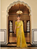 Mustard Yellow & Pastel Green Tissue Satin Traditional Saree with Embroidery & Handwork - 7804