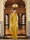Mustard Yellow & Pastel Green Tissue Satin Traditional Saree with Embroidery & Handwork - 7804