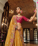 Mustard Yellow Tissue Traditional Saree with Maroon Silk Blouse & Embroidery Work - 7805