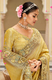 Golden Yellow Tissue Zari Saree with Olive Green Embroidered Border & Silk Blouse - 7810