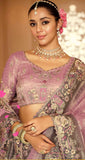 Dusty Pink and Grey Tone Tissue Zari Saree with Olive Green Embroidered Border & Silk Blouse - 7811