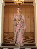 Dusty Pink and Grey Tone Tissue Zari Saree with Olive Green Embroidered Border & Silk Blouse - 7811