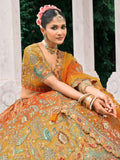 Orange Gold Yellow Shaded Embroidered Tissue Zari Lehenga Set - 7901