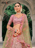 Pink Floral Light Olive Green Shaded Embroidered Tissue Zari Lehenga Set - 7902
