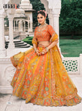 Orange & Mustard Yellow Zari Tissue Embroidered Lehenga Set - 7906