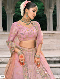 Dusty Pink & Grey Zari Tissue Embroidered Lehenga Set - 7911