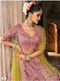 Pastel Yellow & Dusty Pink Zari Tissue Lehenga with Lime Yellow Dupatta - 7912